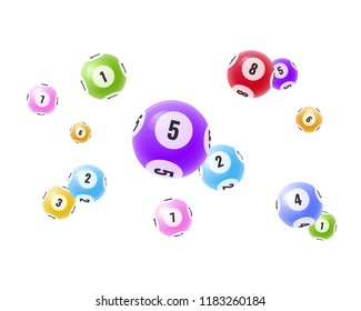 Flying Realistic 3D Balls With Random Numbers. Lottery, Bingo, Lotto. Balls With Numbers For Game, Drawing Prizes In Lotto. Success, Victory, Winnings, Luck. Vector Illustration For Banner, Flyer