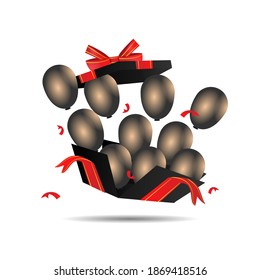 Flying realistic black gift box with balloons on white background