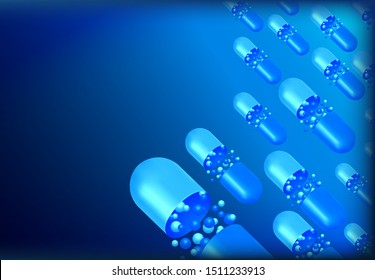 Flying realistic blue Pill / Drug. Medical concept. Blue background. Vector Illustration