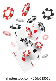 Flying realistic casino chips and aces. Red and black 3d poker cash and aces. Scattered stack of gambling money. Online casino or betting site banner. Las vegas and gamble, entertainment