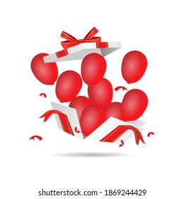 Flying realistic gift box with balloons design vector on white background