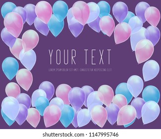 Flying Realistic Glossy Balloons celebrate concept on purple background. banner template, greeting card, wedding invitation