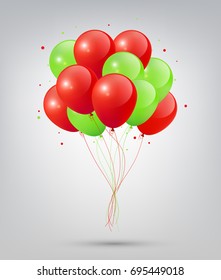 Flying Realistic Glossy Red Green Balloons with Party and Celebration Merry Christmas concept on white background