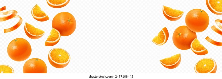 Flying realistic orange fruit on transparent background. Orange slices, whole, piece and peel in different positions with text space.