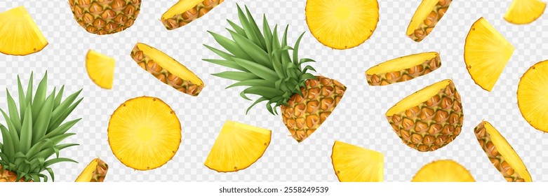 Flying realistic pineapples on transparent background. Pineapple slices, whole, piece and peel in different positions with text space.