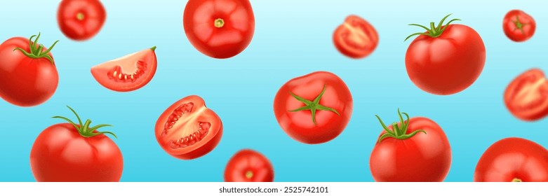 Flying realistic tomatoes on light blue background. Tomatoes slices, whole and piece falling. Vector food illustration.