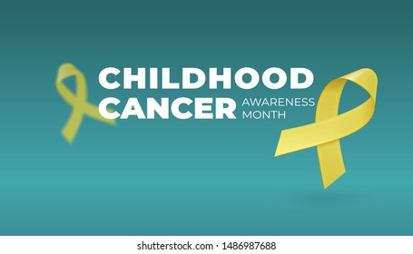 Flying realistic Yellow ribbons on dark background with copy space. Childhood Cancer Awareness symbol in September. Vector illustration for banner, poster, invitation, flyer. EPS10