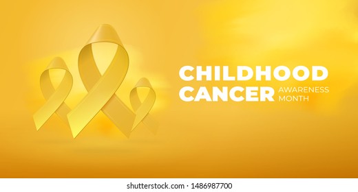 Flying realistic Yellow ribbons on bright Yellow background with copy space. Childhood Cancer Awareness Month typography. Medical symbol in September. Vector illustration for banner, poster, flyer