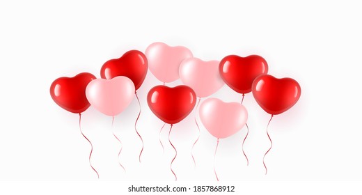 Flying red balloon in heart shape over white background