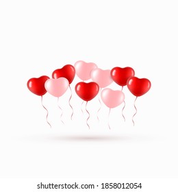Flying red balloon in heart shape over white background