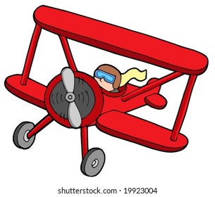 Flying red biplane - vector illustration.