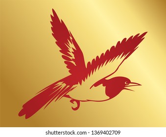 Flying red bird on gold background Chinese art vector painting.