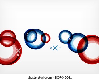 Flying red and blue abstract circles, vector geometric background, color air bubbles, web banner template, business or technology presentation background or elements, vector illustration
