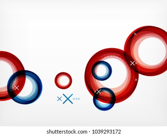 círculos abstractos voladores rojos y azules, fondo geométrico vectorial, burbujas de aire de color, plantilla de banner web, fondo o elementos de presentación de negocios o tecnología, ilustración vectorial