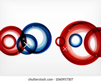 círculos abstractos voladores rojos y azules, fondo geométrico vectorial, burbujas de aire de color, plantilla de banner web, fondo o elementos de presentación de negocios o tecnología, ilustración vectorial