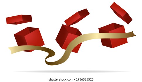 Flying Red Boxes With Gold Ribbon. Festive Decoration, Gift.