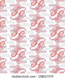 flying red butterflies and clouds on white background - seamless 