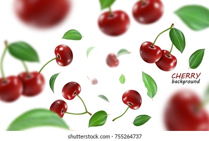 Flying red cherry background. Realistic quality vector.