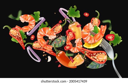 Flying red chili pepper with shrimps and chili slices splashing elements isolated on dark color background, Vector realistic in 3D illustration.