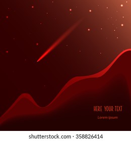 flying red comet, mountains at night, vector illustration