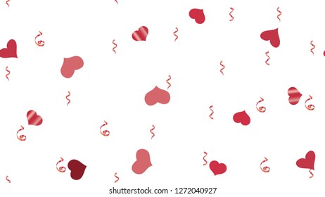 Flying Red confetti. Vector Seamless Pattern on a White Background. Bright Pattern of Hearts and Serpentine. The idea of packaging, textiles, wallpaper, banner, printing.