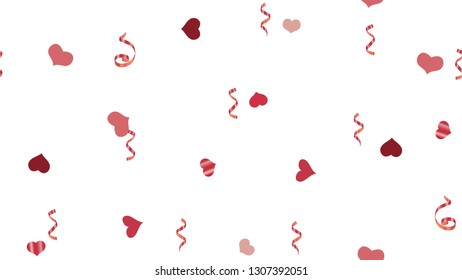 Flying Red confetti. Vector Seamless Pattern on a White fond. Festive Pattern of Hearts and Serpentine. Element of packaging, textiles, wallpaper, banner, printing.
