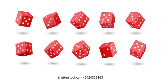 Flying red dices of casino realistic vector illustration set. Throwing cubes to win bet 3d elements on white background. Gambling games