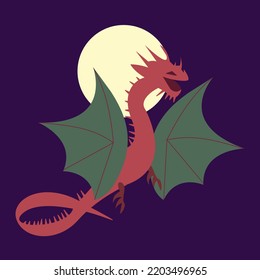 Flying red dragon against moon background