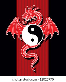 Flying Red Dragon hanging Yin Yang symbol.