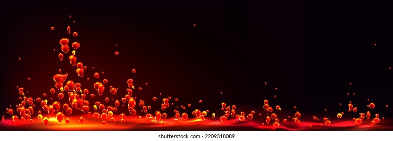 Flying red drops above hot liquid magma surface. Banner template with abstract background of seething molten lava splash and copy space, vector realistic illustration