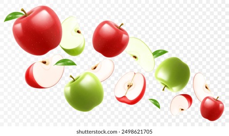 Flying red and green juicy apples. Bright background falling apples, realistic illustration with blurred effect. 3d vector design for advertising banners and web page design