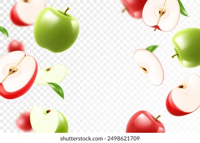 Flying red and green juicy apples. Bright background falling apples, realistic illustration with blurred effect. 3d vector design for advertising banners and web page design
