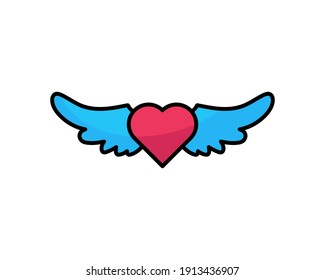 flying red heart with blue wings line icon on white background . Isolated Valetine's day icon.