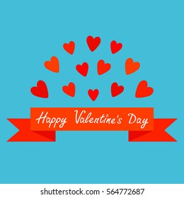 Flying red heart and ribbon. Print poster. Happy Valentines day text. Greeting card. Flat design. Blue background. Isolated. Cute decoration element. Vector Illustration