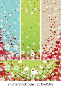 Flying Red Heart and spring flowers background,banner,backdrop set.For Spring design template,decoration,Valentine's day,Easter,mother's day, wedding design.Vintage.Vector illustration