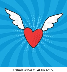 Flying red heart with white wings on blue rays background. Angel heart in pop art style. Vector illustration