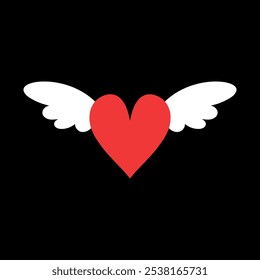 Flying red heart with white wings on black background. Vector illustration