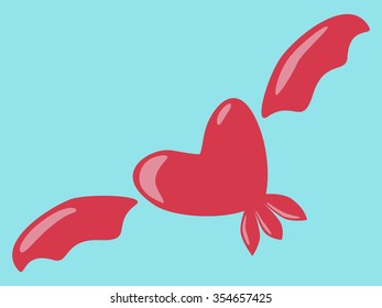 Flying red heart with wings on blue background. EPS 8 vector illustration, no transparency