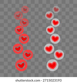 Corazones rojos voladores. Blogueando. Corriente. Me gusta en línea. Concepto de medios sociales. Ilustración vectorial.