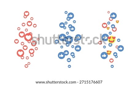 Flying red hearts, blue like and loving faces isolated on white background. A stream of symbols that gradually disappears. The concept of social networks and live broadcasts