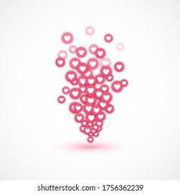 Flying red hearts on a white background. Blogging. Stream. Likes online. Social media concept. Vector illustration. EPS 10