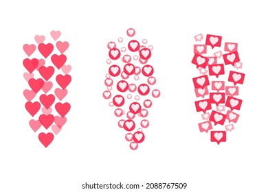 Flying red hearts on a white background. Blogging. Stream. Likes online. Social media concept.