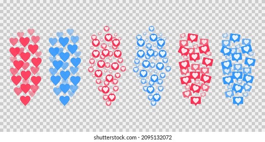 Flying red hearts on a white background. Blogging. Stream. Likes online. Social media concept.