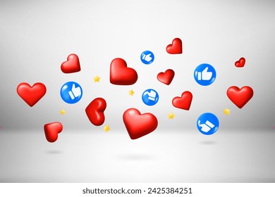 Flying red hearts and thumbs up symbols. 3d vector illustration