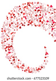 Flying red hearts vector abstract background. Flowing curl pattern with flying red hearts confetti on white. Romantic feelings, love background vector. Card or banner backdrop template.