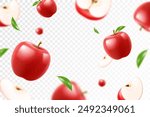 Flying red juicy apples. Bright advertising background falling red apples, realistic with blurred effect. 3d vector illustration