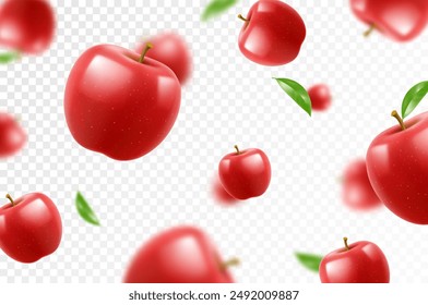 Manzanas rojas jugosas voladoras. Fondo publicitario brillante que cae manzanas rojas, realista con efecto borroso. Ilustración vectorial 3d