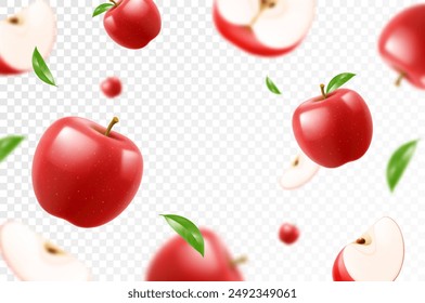 Flying red juicy apples. Bright advertising background falling red apples, realistic with blurred effect. 3d vector illustration