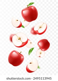 Flying red juicy apples. Bright advertising background falling red apples, realistic with blurred effect. 3d vector illustration