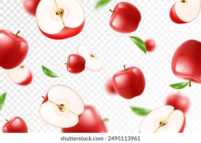 Flying red juicy apples. Bright advertising background falling red apples, realistic with blurred effect. 3d vector illustration